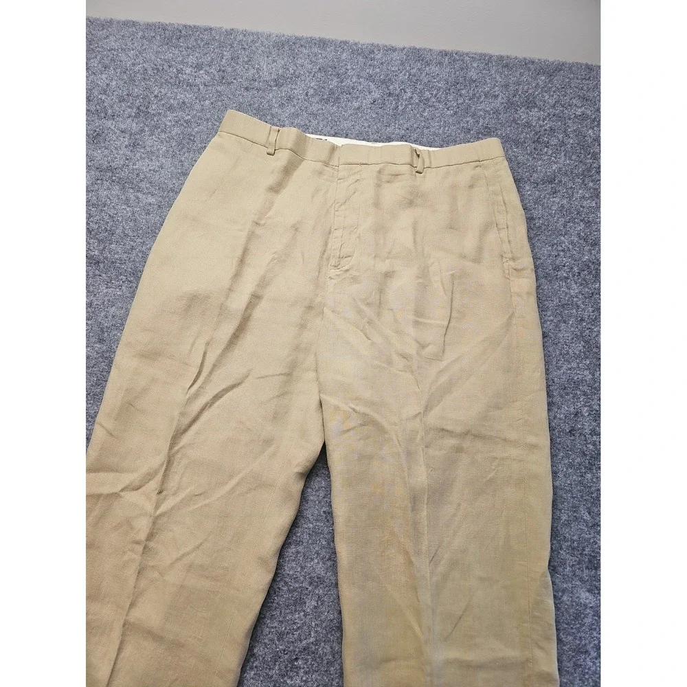J Crew 100% Linen Dress Pants Mens 35x32 Beige/Brown Straight Leg Flat Front